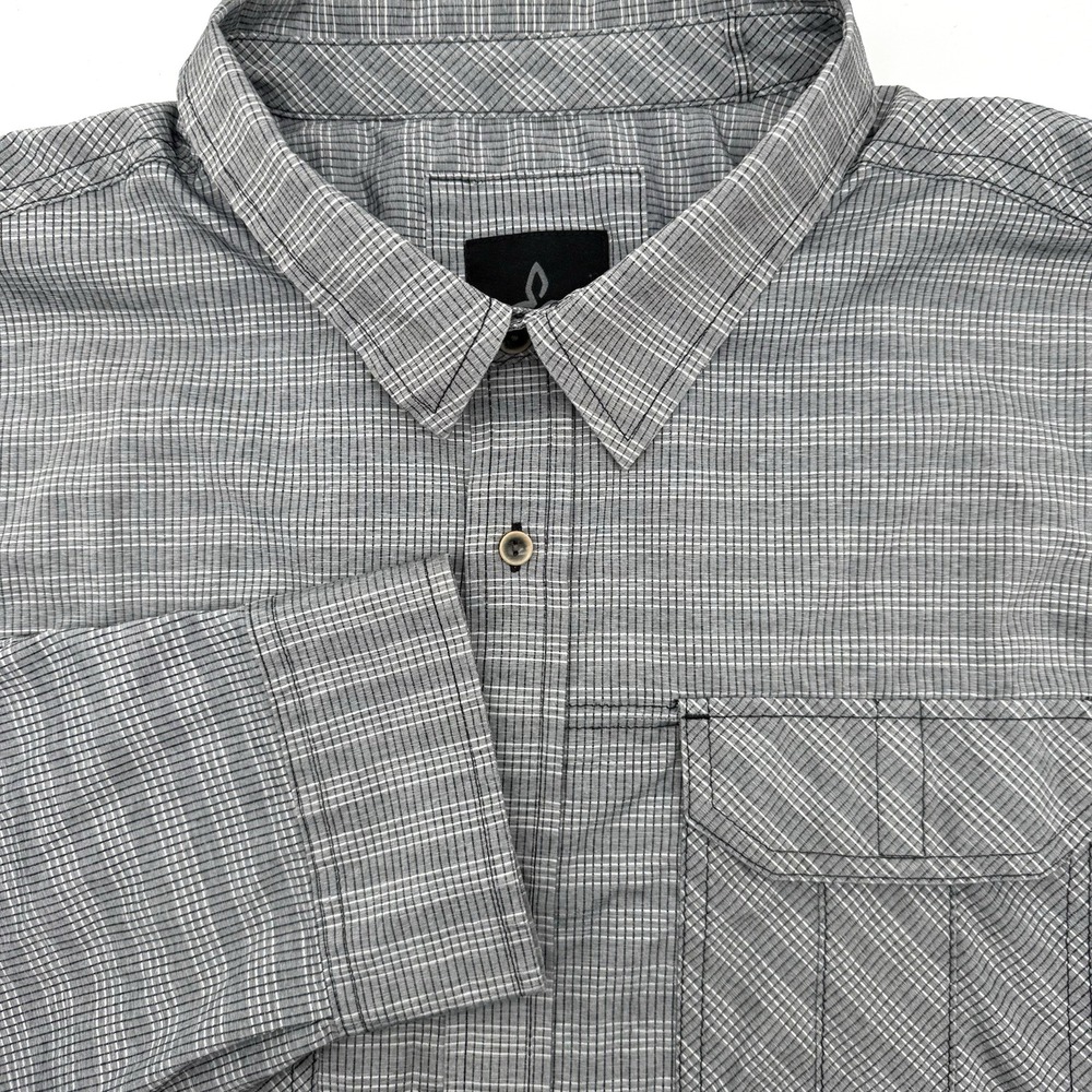 Prana Button Up Mens XL Grey Micro Check Long Sleeve Roll Tab‎ Hiking Utility